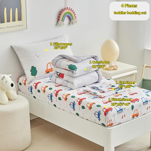 Image of DuShow 4 Pieces Cars Toddler Bedding Set for Boys,Soft Toddler Bed Set in a Bag,Toddler Bed Comforter Set Includes Quilted Comforter, Flat Sheet, Fitted Sheet and Pillowcase