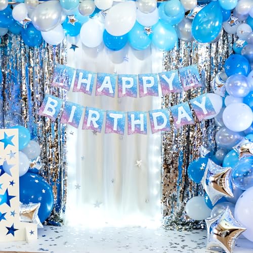 Image of Hooqict Frozen Happy Birthday Banner Birthday Party Decorations Snowflake Party Banner Garland Sign for Kids Girls Boys Winter Wonderland Decorations Christmas Holiday Frozen Themed Party Supplies
