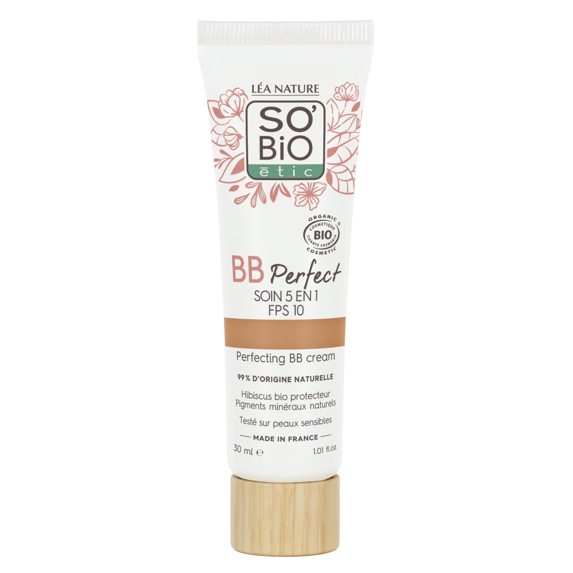 LÉA NATURE SO BiO étic| BB Crème 5 en 1 certifiée Bio - Perfect | Médium | Hydrate – Unifie – Lisse – Révèle l'éclat – Protège la peau | Hydrolat d'hibiscus bio| SPF 10 | Vegan | Made in France|30 ml
