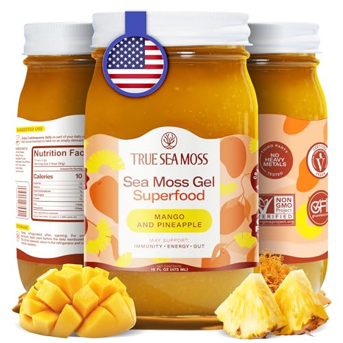 TrueSeaMoss Sea Moss Gel – Made in USA – Wildcrafted Seamoss, Fruits & Jarred Vegetables – Mango/Pineapple, Pack of 1 (Labels may Vary)