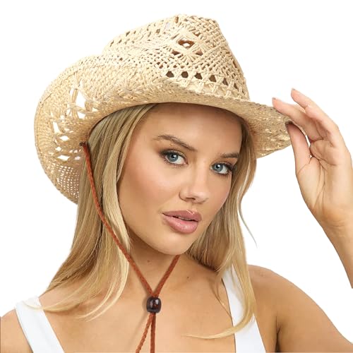 Image of DRESHOW Straw Cowboy Cowgirl Hat for Women Men Western Coastal Cowboy Beach Hat with Shapeable Brim Unisex Rolled up Caps