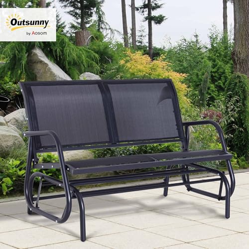 Outsunny Patio Double Glider Outdoor Steel Sling Fabric Gliding Bench Garden Swing Chair Heavy-Duty Porch Rocker Garden Loveseat Black - Image 3