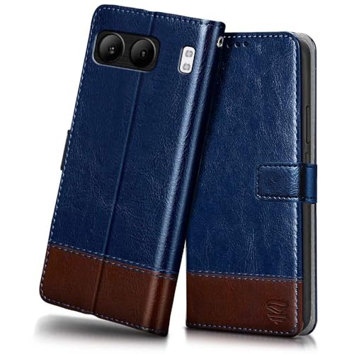 Image of FLIPPED Vegan Leather Flip Case Back Cover for 1+ OnePlus Nord 4 5G (Flexible, Shock Proof | Hand Stitched Leather Finish | Card Pockets Wallet & Stand | Blue with Brown)