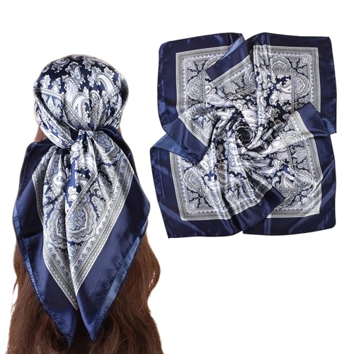 EIysee 35 Inches Silk Head Scarf-Satin Hair Scarves Silk Bandana Scarf Headscarf for Womens Fashion Scarves (Paisley - Navy blue)