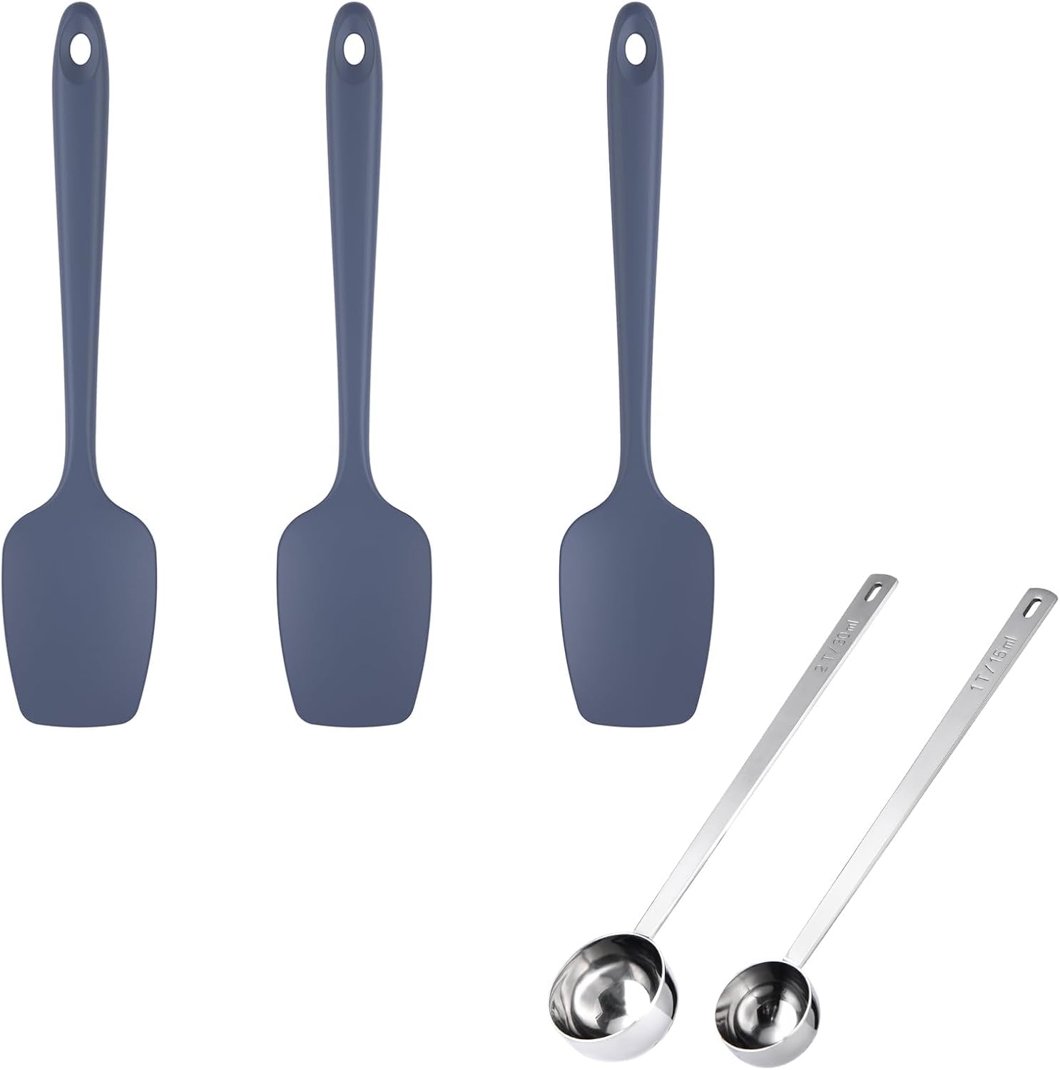 U-Taste 600ºF Heat Resistant BPA Free Silicone Spoon Spatula Set of 3 (Midnight Blue), and 18/8 Stainless Steel 8in Long Coffee Scoop Set of 2, 1&2Tbsp(15&30ml)
