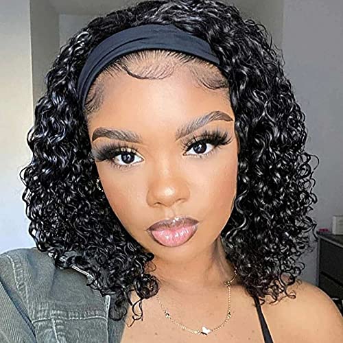 Headband Wig, Headband Wigs for Black Women Human Hair Kinky Curly, Glueless Human Hair Half Black Wigs with Headband Attached 150% Density (12Inch)