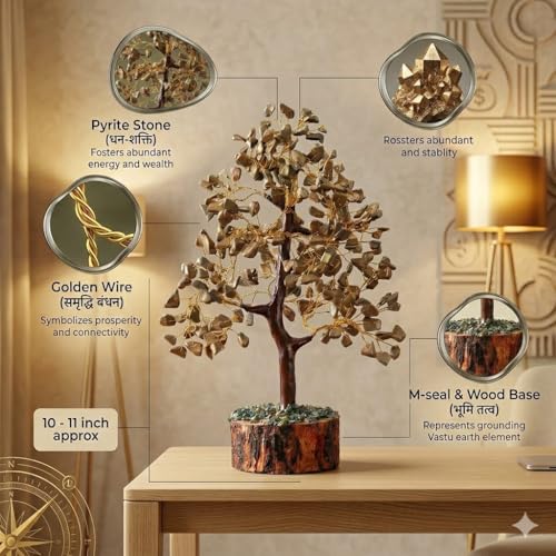 Image of Pyrite Money Tree for Wealth & Prosperity | Natural Pyrite Crystal Tree | Feng Shui Vastu Good Luck Tree | Home & Office Decor | 300 Beads | 10-12 Inch