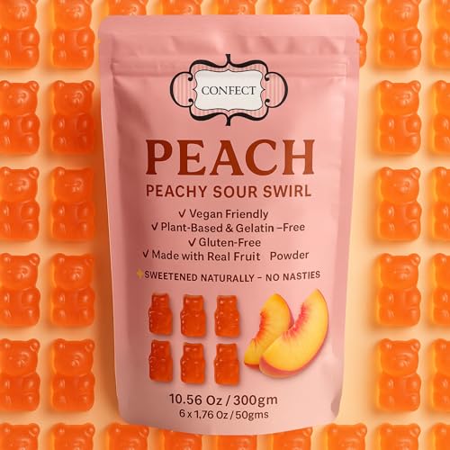 Confect Peachy Sour Swirl Fruit Gummies – Vegan Candy – 6 Packs x 1.76 oz – Gluten-Free, No Corn Syrup, Teddy Bear Shape