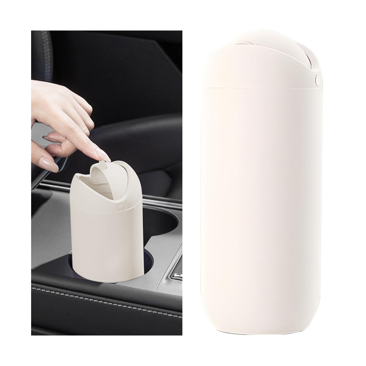 KHGUZ - Cubo de basura para coche con tapa de silicona, a prueba de fugas, minicubo redondo para portavasos, organizador portátil para almacenamiento de residuos interiores de automóviles, accesorios universales, color beige