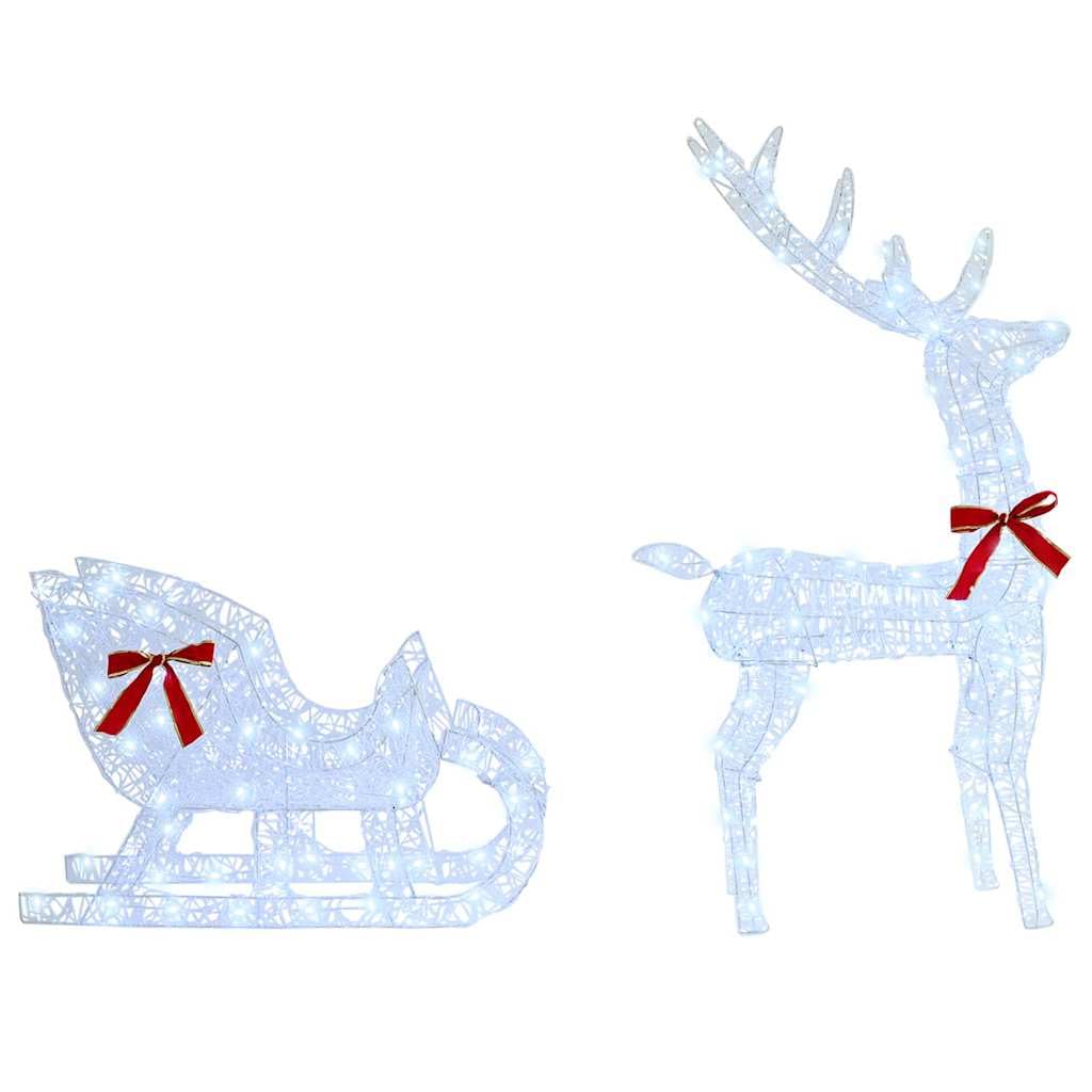 Trineo de Renos Blanco Frío 70 x 26 x 128.5 cm Acrílico, Decoración Navideña con Luces LED, para Interiores y Exteriores, Ciervos Decorativos Navidad