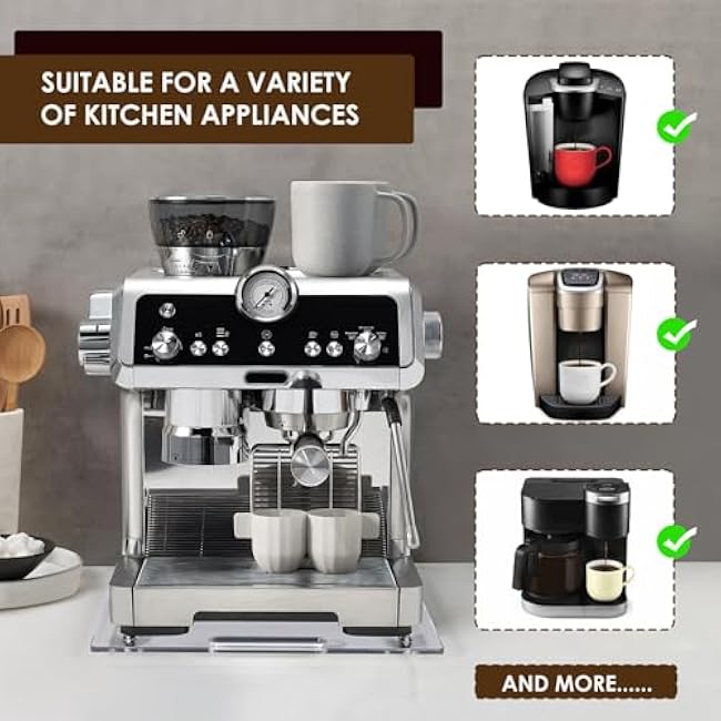 Appliance Sliders for Kitchen appliances Sliding Tray for Coffee Maker, Espresso Machines, Mixers Sturdy Kitchen Aid Sliders for Mixer - Duty Equipment with Rubber Wheels - 13 x 14 (Clear)