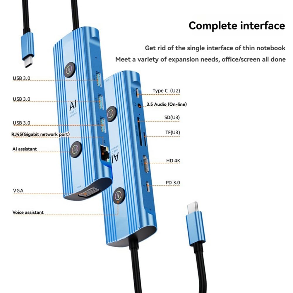 Adapter AI USB-C inteligentna stacja dokująca C, koncentrator 13 w 1 AI Voice Stacja dokująca VGA USB RJ45 SD/TF 3,5 mm PD3.0