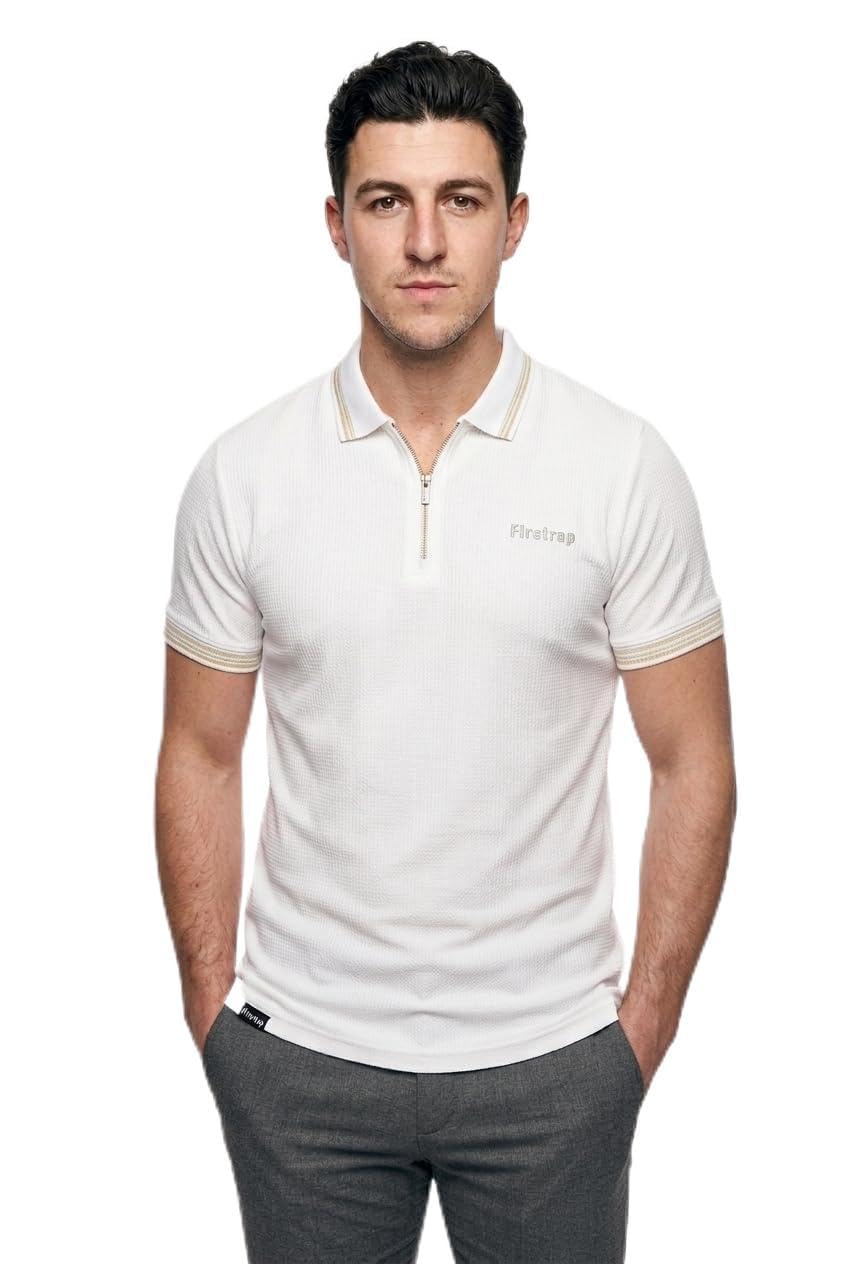 Firetrap Mens Designer Polo T Shirt 1/4 Zip Quarter Zip Textured Cotton Collared Top with Short Sleeves White S