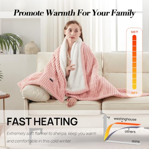 Image of Westinghouse Heated Throw Blanket, Fast Heating Blanket, 50x60 Inch, Pink | Soft Flannel Sherpa Electric Throw with 6 Heating Levels & 2-10 Hours Auto Shut Off, ETL Certification, Machine Washable