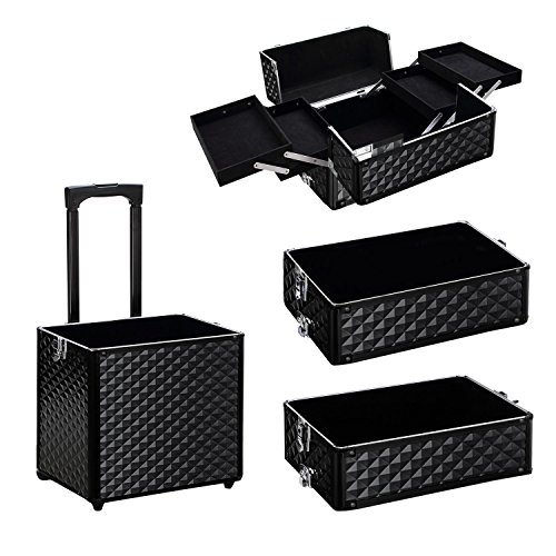 Warmiehomy Estuche de belleza extra grande con ruedas para maquillaje, 4 en 1, estuche de belleza para peluquería profesional para artistas esteticista, color negro, 4-in-1, Neceser de viaje - imagen 3
