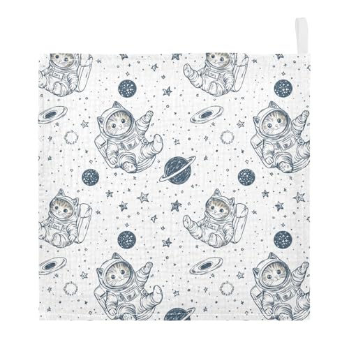 vvfelixl Baby Muslin Washcloths Kitten Astronauton Baby Burp Cloths Cotton Babys Face Towel for Newborn Infants Boys Girls Soft and Absorbent 11.8 X 11.8 in, 3 Pack
