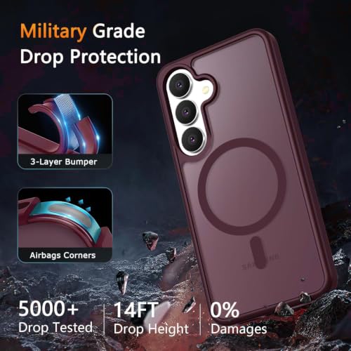Image of Elzzi Magnetic Cover for Samsung S25 Case [MIL-Grade Drop Tested & Compatible with MagSafe] Translucent Matte TPU + Hard PC Back Cover, Anti-Scratch Shockproof Phone Case (Wine)
