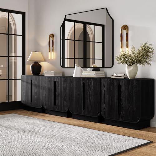 Image of Nathan James Joey Mid Century Modern Buffet Sideboard Storage Cabinet, Arched Accent Cabinet with Rounded Bottom Edges and Integrated Door Pull Cutouts, Black Oak, Set of 4