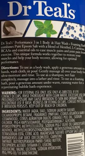 Dr Teal's 3 In 1 Body & Hair Wash + Foaming Bath With Menthol, L-Carnitine & Bcaas- Performance #TOP1