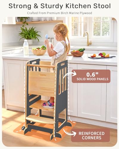 Image of WINGYZ Toddler Tower - Anti-Tip Natural Wood Learning Stool Helper for Kids 18M-6Y, 150lb Capacity Kitchen Stool with 3-Height Adjustable Platform and Sliding Door Access, 20lb Portable Design, Black