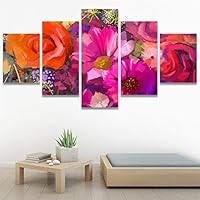 5 Panel Canvas Wall Art Still Life of Yellow and red Colour Flowers, Oil Painting a Bouquet of Rose Pictures Modern Artwork for Home Decorations Ready to Hang - 60