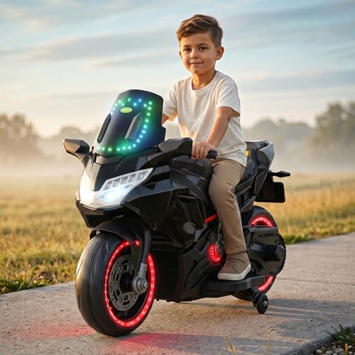 Image of Baybee BoltX Electric Bike for Kids 3+ Years | Baby Rechargeable Battery Bike with Training Wheels, Hand Accelerator, Foot Brake, Led Lights & Music | Battery Operated Bike for Kids to Drive (Black)
