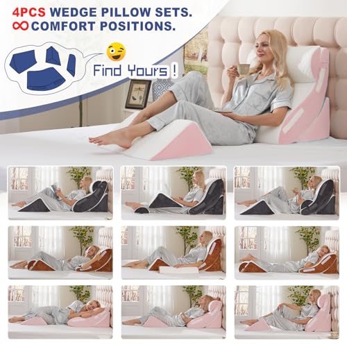 WSOFRLAC 4PC Geriatric Wedge Pillow System - Elderly Bed Wedges for Sitting/Sleeping, Post Surgery Body Positioner with Non-Slip Base (Ideal for Seniors & Pregnancy), White Pink - Image 7