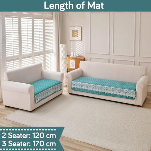 Image of HOKIPO 'BelleLace Series' 5 Seater Sofa Cover Mat in 3+2 Seater Combination | Imperial Milk Velvet with Anti Slip Backing, Teal (AR-5966+5964-TEAL)
