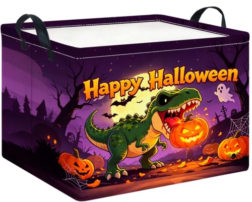 Image of CLOCOR Rectangular Storage Basket Empty,Gift Basket,Waterproof Storage Bin with Handles,Room Decor(Dinosaur Pumpkin Halloween)