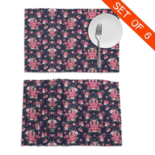 Lot de 6 sets de table polyester lavables résistants chaleur pivoines - 5