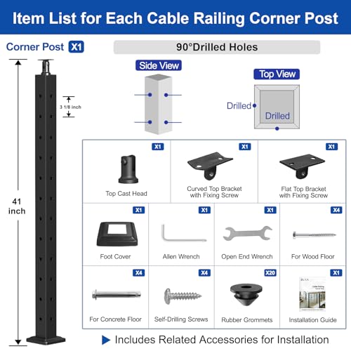 Image of BLIKA 42 inch Cable Railing Corner Post(Post 41 inchx2 inchx2 inch), 2-Side Drilled Corner Post, Stainless Steel Adjustable Top Corner Post, Top Mount Matte Black Cable Railing System Corner Post, BL01-CP