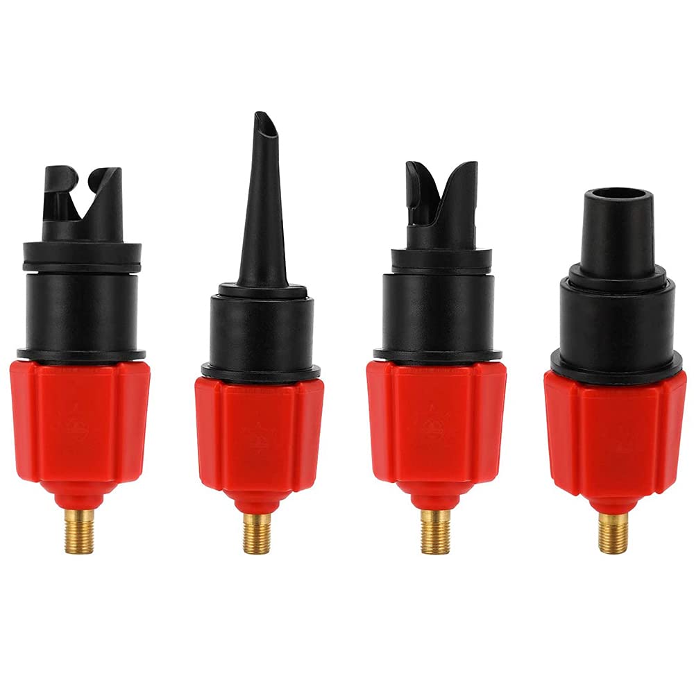 Sprężarka do dmuchanego zaworu pompy, nadmuchiwany adapter zaworu z 4 dyszami do nadmuchiwanego materaca, pierścienia do pływania/basenu, dmuchanego łóżka/sofy, łodzi, kajak - czerwony