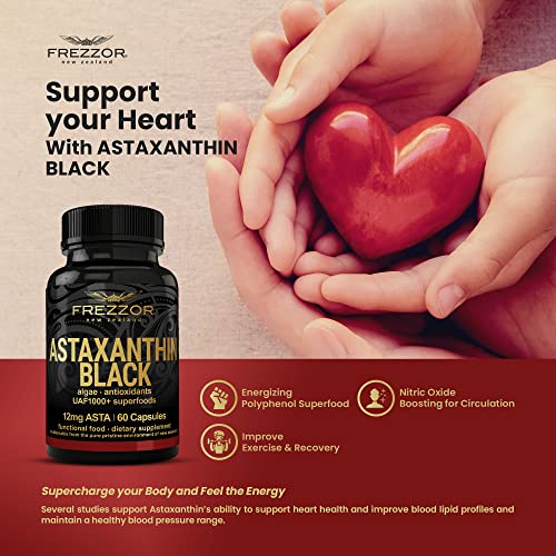 Frezzor Astaxanthin Black With Uaf1000+ Super Antioxidant, Supports Heart, Eye & Brain Health, Anti-Aging Skincare & Cellular Protection, 12Mg Astaxanthin Per Serve, 60 Softgels, 1 Month Supply #TOP5