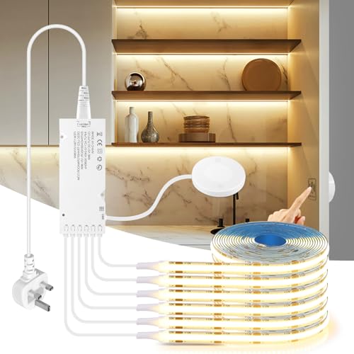 CHNMALITAI 12V COB LED Strip, 6 Pcs 2M/6.6ft Warm White COB LED Strip Light with Touch and Hand Sweep Dimmer Switch for Cabinet Showcase Kitchen Lighting