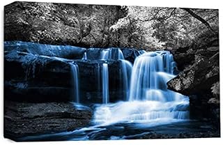 LR Blue Waterfall Canvas Wall Art Picture Forest Landscape Grey White Framed Print Ready to Hang