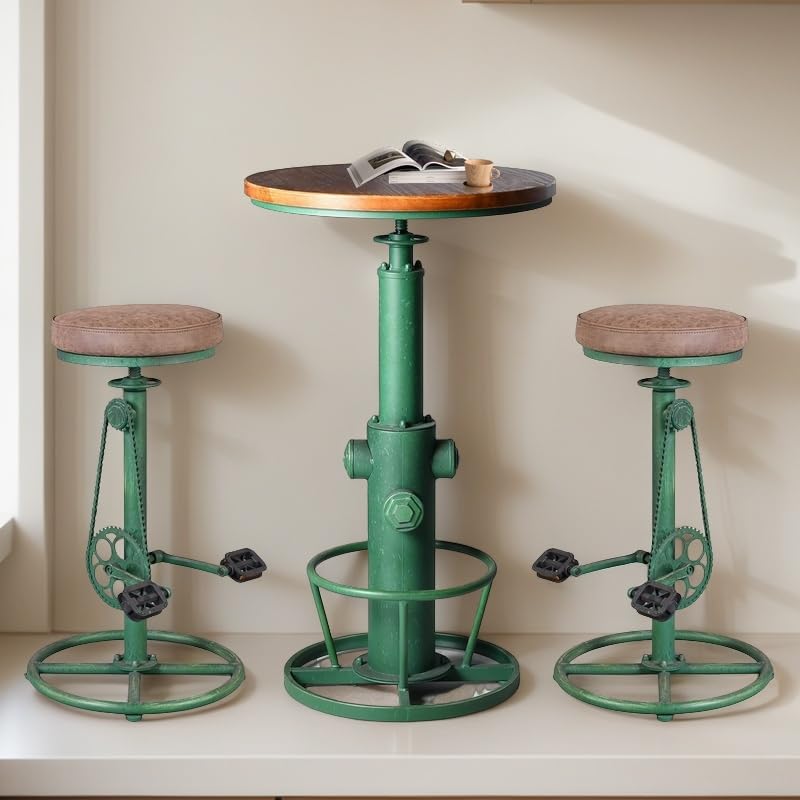 Butacos de estilo vintage para barra, diseño industrial con pedal de bicicleta, altura ajustable de 29 a 37 pulgadas, base metálica verde y cojín marrón, juego de 2 miniatura 5