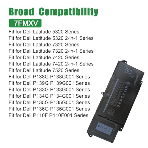 Image of 7FMXV CPX-1PP63 63Wh Laptop Battery Replacement for Dell Latitude 5320 7320 7420 7520 P138G P138G001 P139G P139G001 P133G P134G P135G P136G P110F Series 0TN2GY TN2GY 04M1JN 4M1JN 1PP63 15.2V