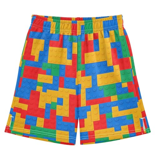 Building Blocks Athletic Shorts with Zipper Pockets, Youth Boys Athletic Running Shorts for Summer