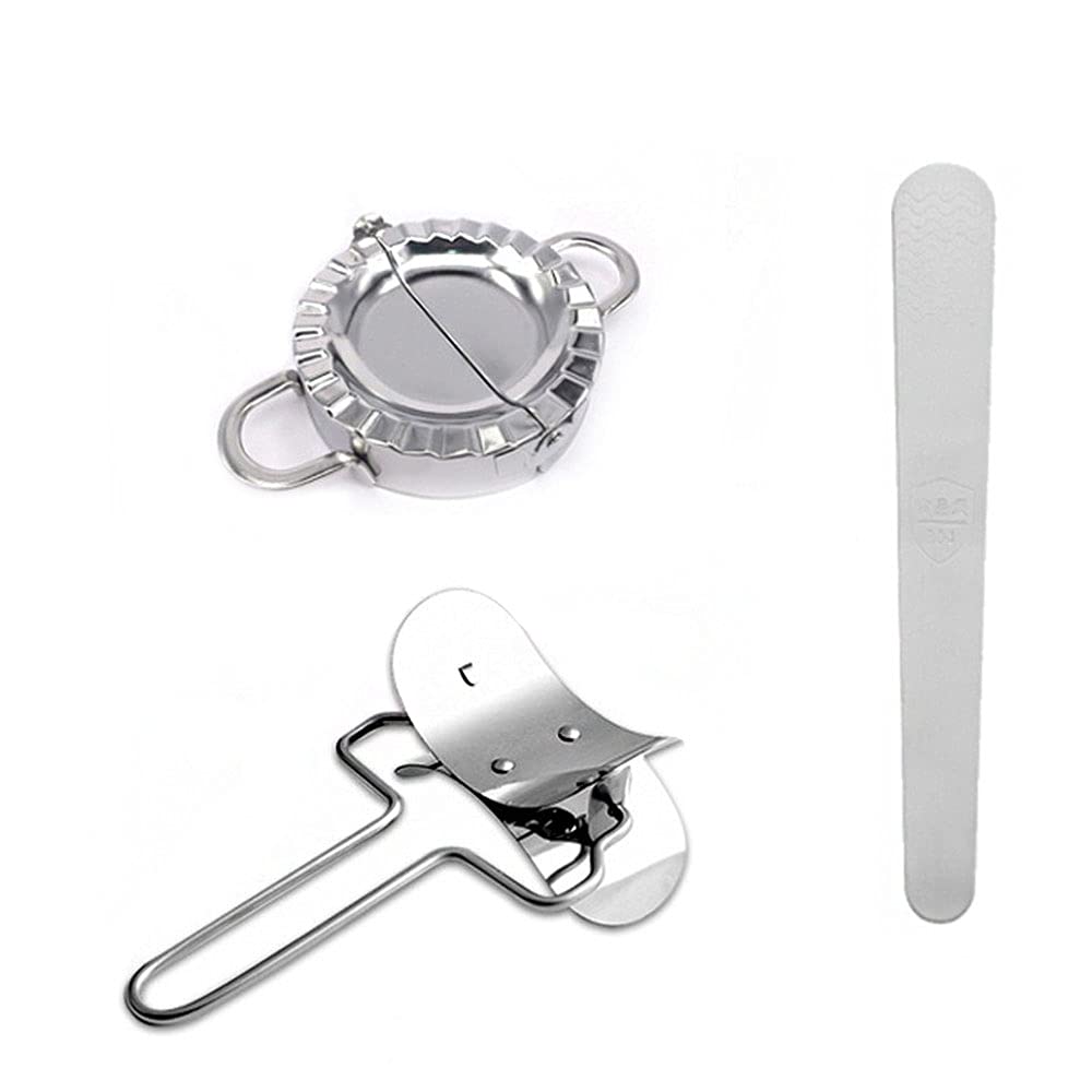 Ancllo Silver Dumpling Maker Mold Set Stainless Steel Pack Of 3, 1 Pack Empanada Press 1Pc Dough Cutter 1Pc Stuffing Spoon Pie Ravioli Dumpling Press Wrapper Mold Kitchen Accessories (Small Size)