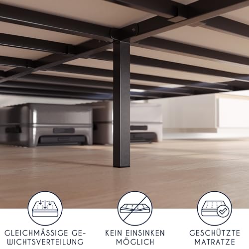 Dreamzie Bett 140x200 mit Lattenrost aus Metall - Bettgestell 140x200 für Matratze, Höche 35cm - Großer Stauraum, Leicht zu Montieren und Stabil - Schwarzer Lattenrost