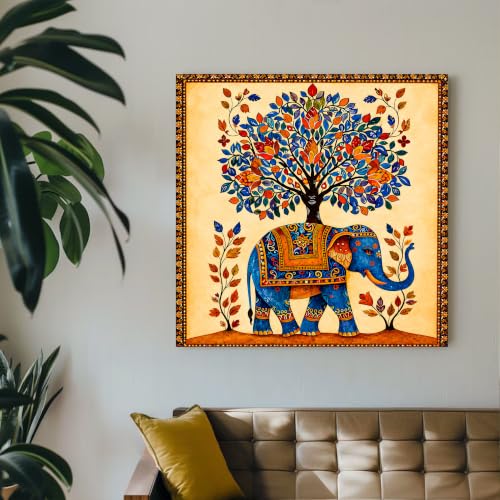 Image of Madhubani Elephant Stretched Canvas Painting for Living Room Wall Decor, Tree of Life Indian Traditional Vastu Stretched Canvas Wall Art for Vastu Place Bedroom Home Hallways Office Hotel, Size 22x22 Inch