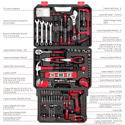 Miniatura 2 de Deko Caja Herramientas Completa Eléctricas 238 Piezas Con 12v Taladro Eléctrico Sin Cuerda, 10 Mm Chuck Sin Llave, Caja Profesional De Herramientas Domésticas De Bricolaje Para Oficinas Y Jardín, Rojo