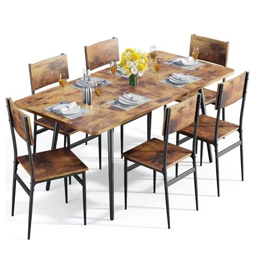 Qsun 63” Extendable Dining Table Set for 4-6 People, 7-Piece Dining Table Set for 6 People with 6 Chairs, MDF Wood Board Kitchen Table Set for Small Space and Apartment, Rustic Brown