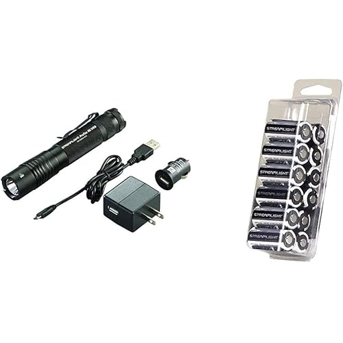 Streamlight 88054 ProTac HL USB 1000 Lumen Professional Tactical Flashlight with High/Low/Strobe with USB Charger - 1000 Lumens,Black & 85177 CR123A Lithium Batteries, 12-Pack