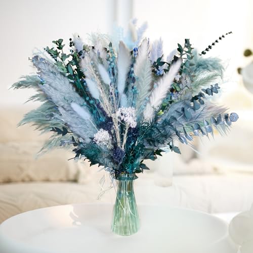 Pampas Grass Decor Dried Flowers with Blue Pampas Grass Boho Floral Arrangements for Home Office Wedding Centerpieces Rustic Blue Flowers Decor