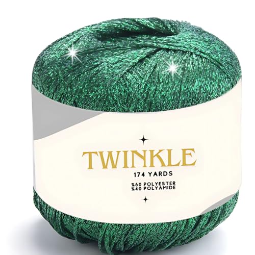 Image of Twinkle Metallic Glitter Yarn Sparkle Fine 1 Light Fingering Weight Worsted Gold Silver for Crochet Knitting, 25g 0.88oz, 175yard Soft Craft Shawls Cardigans Bags Lurex (Emerald Sparkle, Pack 1)