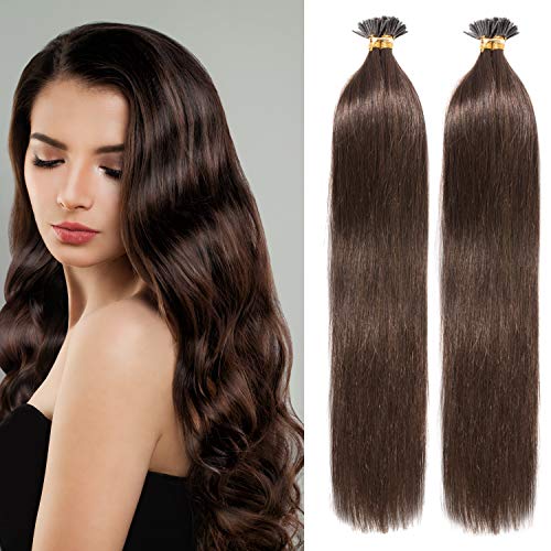S-noilite 100 Strands Keratin I Tip Hair Extensions 22inch 50g Pre Bonded Stick Tip Extensions Human Hair Cold Fusion Hairpiece for Women Medium Brown #4