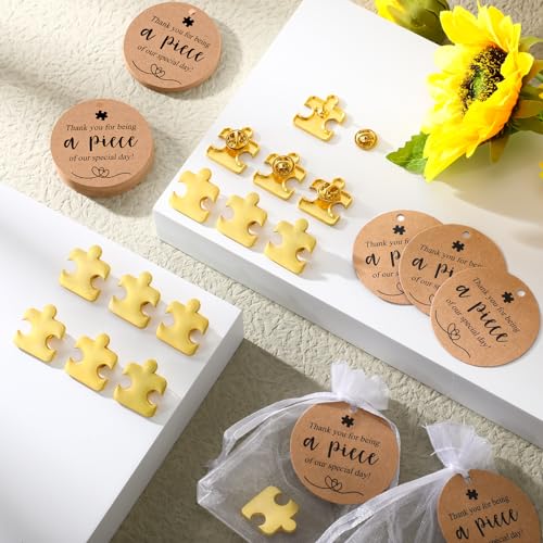 Image of Hotop 50 Sets Puzzle Wedding Favors - Gold Puzzle Piece Pins & Lapel Pins, 50 Wedding Thank You Tags & Gift Bags