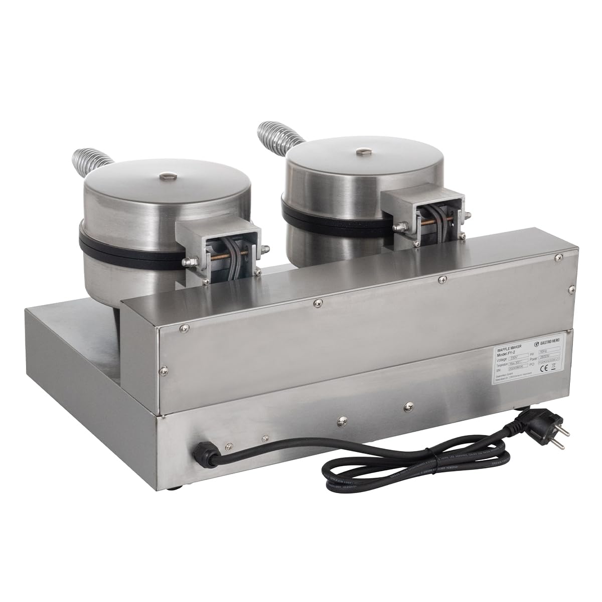 GastroHero Waffeleisen, rundes Doppel-Waffeleisen, Edelstahl FY-2 | Profi-Waffeleisen, 2x Ø180 mm Backplatte, regelbare Temperatur von 0 °C bis +250 °C, mit Temperaturregler & Signalleuchte