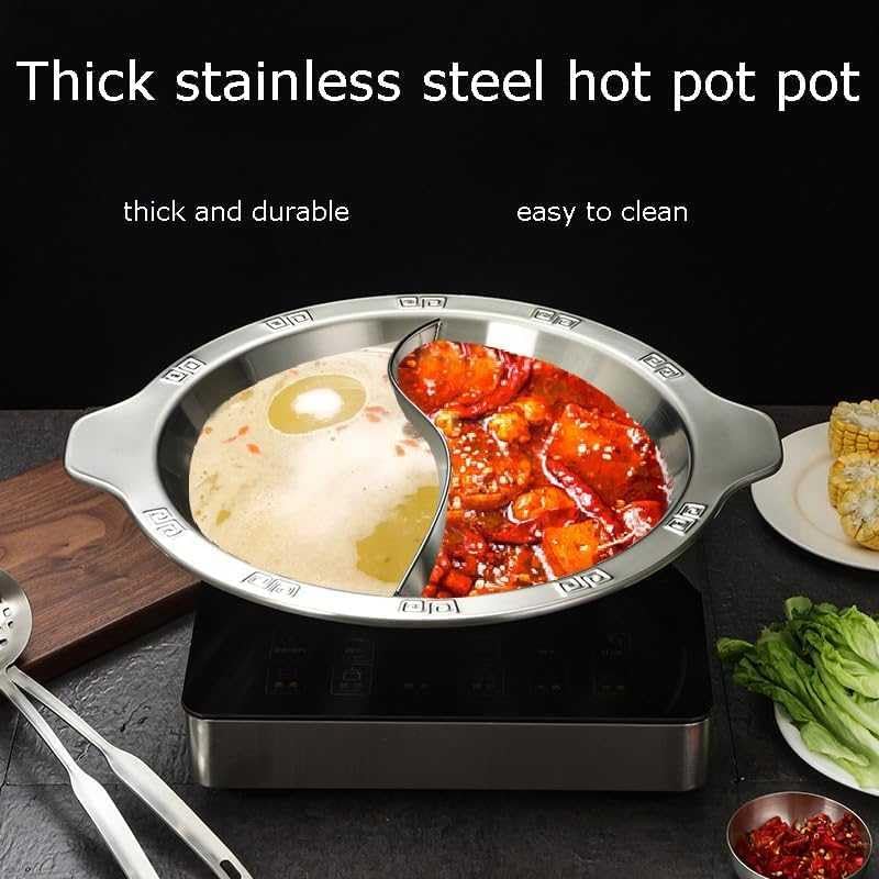 Hot Pot Cooker, Stainless Steel Double-Flavor Pot with Divider for Parties and Gatherings ，Silver-36cm